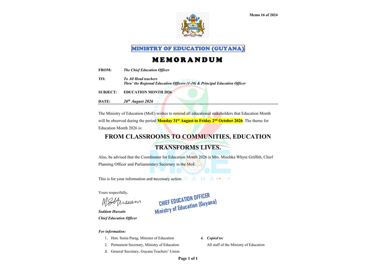 Memo 16 Education Month Theme